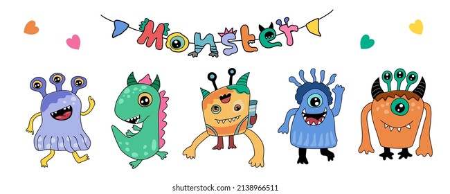 Juego de personajes monstruosos adorables con colorido estilo doodle para tarjetas, impresión digital, diseños de camisetas, diseños de ropa para niños, pegatinas, kindergarten, álbumes y más.