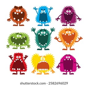 Set of cute monster collection, funny and cute colorful monsters for halloween with big open mouths as copy space, cute yeti isolated on white background, flat vector illustration.