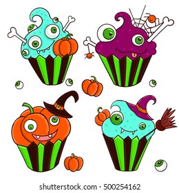 Set with cute monster cupcakes for Halloween. Vector illustration.