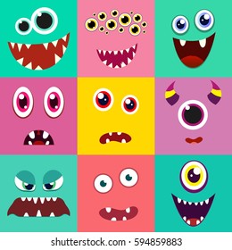 Set of cute monster face. Vector illustration.