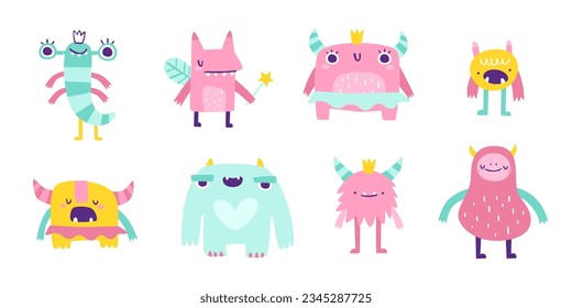 Set of cute monster girls. Vector collection of girly beasts for kids. Pink doodle monsters bundle for baby girls.