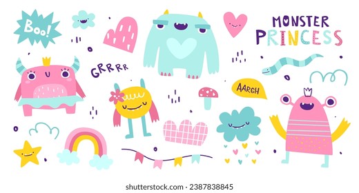 Set of cute monster girls. Vector collection of girly beasts for kids. Pink doodle monsters sticker bundle for baby girls.	