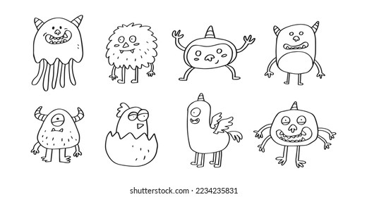 set of cute monster hand drawn line art illustration for ornament and design element