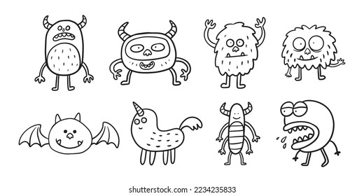 set of cute monster hand drawn line art illustration for ornament and design element