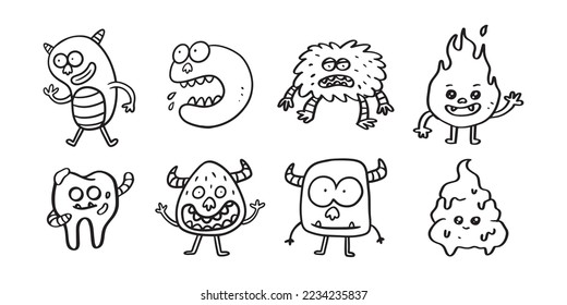 set of cute monster hand drawn line art illustration for ornament and design element