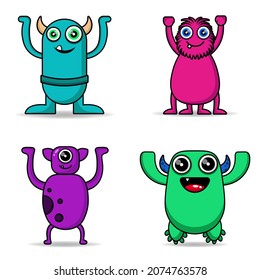 set cute monster hand raised design mascot kawaii