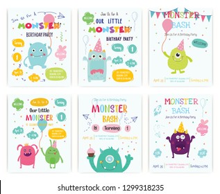 Set of cute monster happy birthday party invitation card design. Vector