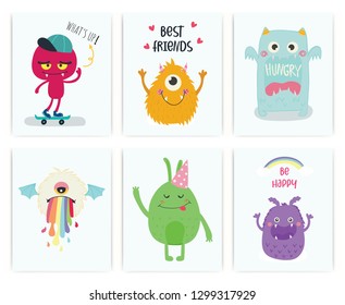 Set of cute monster. Kid. T-shirt, card. Vector.