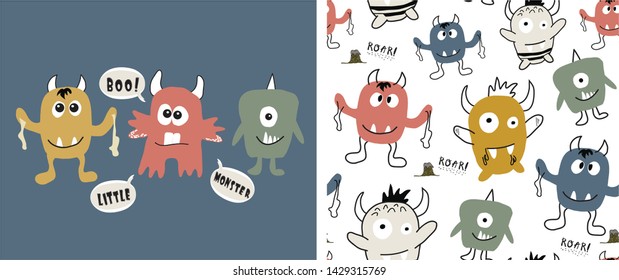 Set Of Cute Monster Print And Seamless Pattern With Monsters.vector