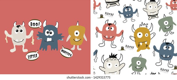 set of cute monster print and seamless pattern with monsters.vector