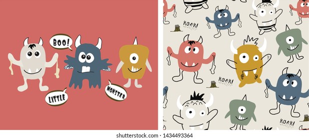set of cute monster print and seamless pattern with monsters.vector