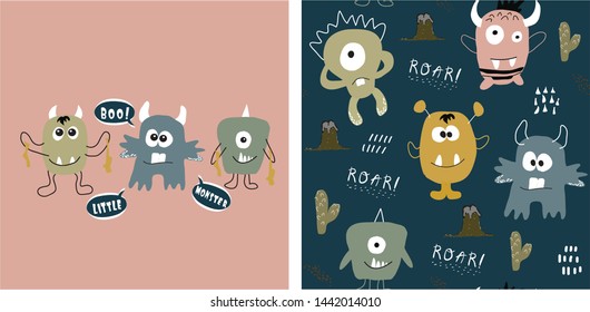 set of cute monster print and seamless pattern with monsters.vector