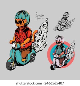 set of Cute monster riding scooter with different color style. perfect for biker sticker and emblem