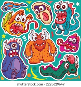 Establecer diseño de pegatinas de monstruo lindo dibujado a mano 