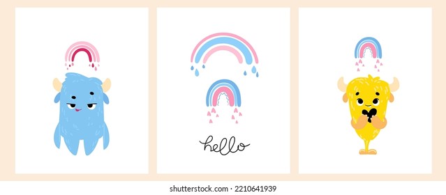 Ponga un monstruo lindo. Impresión vectorial para habitación infantil, tela, papel, tarjeta de felicitación, postal, tarjeta, camiseta, afiche, textil. Ilustración del vector