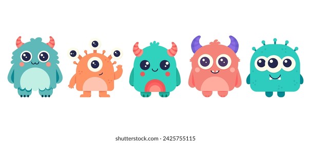 Set of cute monsters. Cartoon character for children. Vector illustration