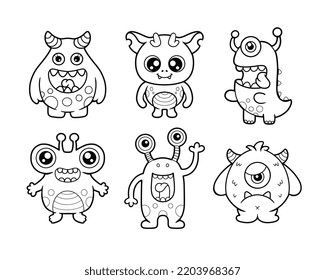 Set of cute monsters character printable coloring page