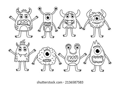 Set Cute Monsters Coloring Pages Vector Stock Vector (Royalty Free ...