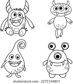 Set of Cute Monsters for Coloring Pages. Vector Illustration of Monsters on a White Background