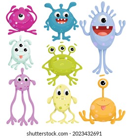 Set Cute Monsters Cyclops Aliens For Colorful Children's Designs Cartoon Vector Graphics