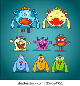 Set of cute monsters in different color combination. Vector illustration