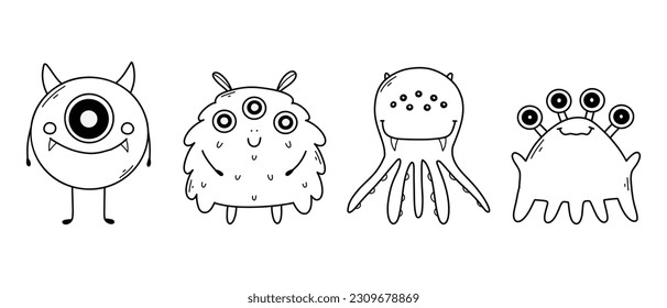 Set with cute monsters in doodle style. Linear children's monsters. Coloring book for children. vector illustration. Isolated mascot.