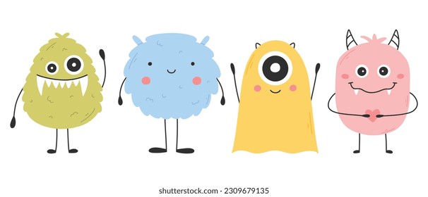 Set with cute monsters in flat style. Hand drawn kids monsters. vector illustration. Isolated mascot.