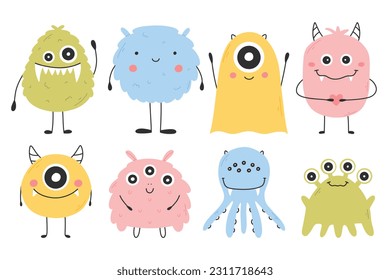 Set with cute monsters in flat style. Hand drawn kids monsters. vector illustration. Isolated mascot.