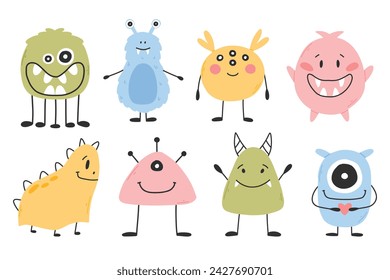 Set with cute monsters in flat style. Hand drawn kids monsters. vector illustration. Isolated mascot.