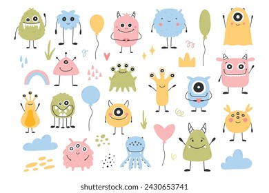 Set with cute monsters in flat style. Hand drawn kids monsters. vector illustration. Isolated mascot.