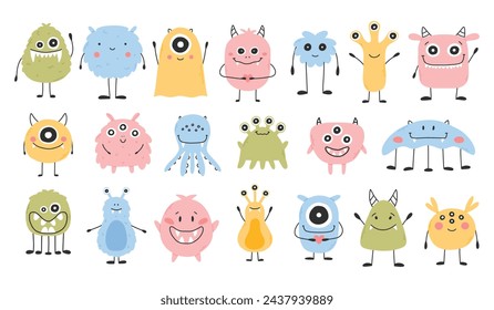 Set with cute monsters in flat style. Hand drawn kids monsters. vector illustration. Isolated mascot.