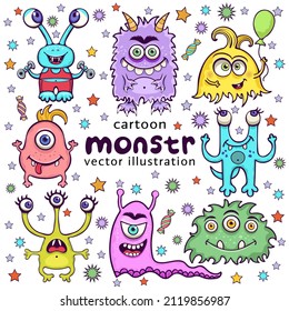 Set of cute monsters funny cartoon character, hand drawing. Collection multicolored scary hilarious fairy tale hero isolated on white background with bright stars, candies. Vector illustration