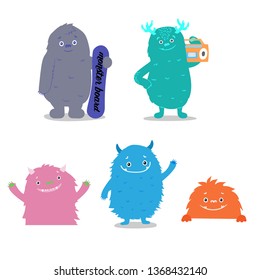 Set of cute monsters. Funny creatures objects on white background. Vector illustration.