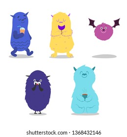 Set of cute monsters. Funny creatures objects on white background. Vector illustration.