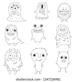 Set of cute monsters in hand drawn style. Cartoon character children design. Doodle vector illustration