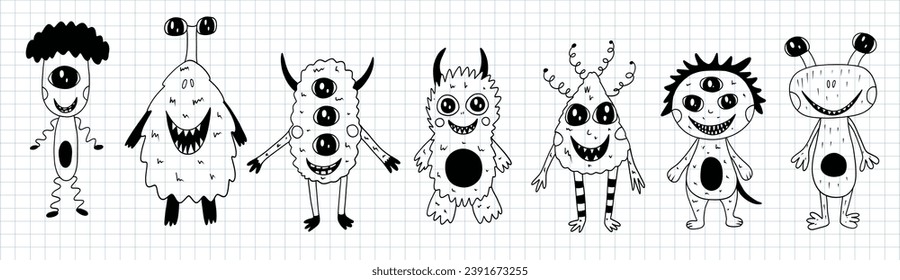 Set with cute monsters in hand drawn doodle style on paper background