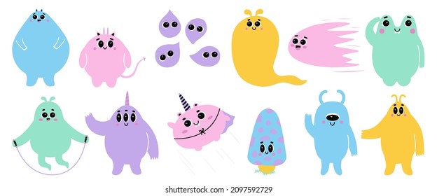 Set of cute monsters with happy face emotions. Bizzare kind characters in flat style. Adorable childish creatures in pastel colors. Hand drawn comic beasts isolated on white background