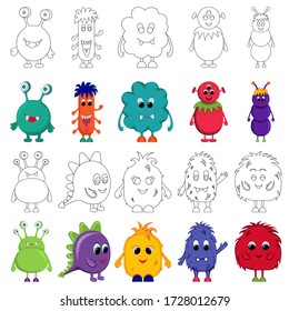 Set of cute monsters illustrations for coloring page or book. Black outline and color elements isolated on white. Vector drawing.