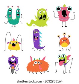 Set of cute monsters isolated on white background. Funny monster characters. Design for print, party decoration, t-shirt, illustration, logo, emblem or sticker. Vector illustration in cartoon style.