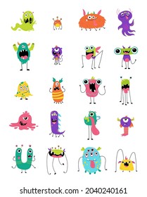 Set of cute monsters isolated on white background. Funny monster characters. Design for print, party decoration, t-shirt, illustration, logo, emblem or sticker. Vector illustration in cartoon style.