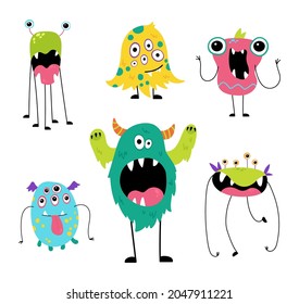 Set of cute monsters isolated on white background. Funny monster characters. Design for print, party decoration, t-shirt, illustration, logo, emblem or sticker. Vector illustration in cartoon style.