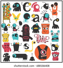 Set of cute monsters isolated on white. Collection of colorful character stickers for different use. cartoon illustration