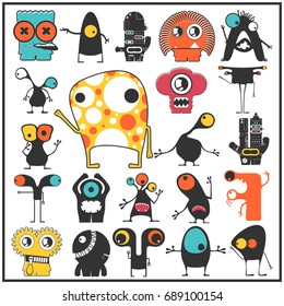 Set of cute monsters isolated on white. Collection of colorful character stickers for different use. cartoon illustration