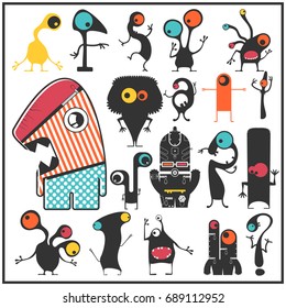Set of cute monsters isolated on white. Collection of colorful character stickers for different use. cartoon illustration