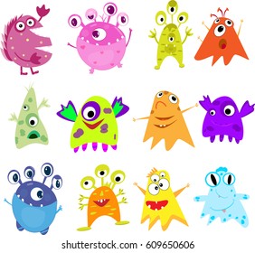 Set cute monsters isolated transparent background vector illustration