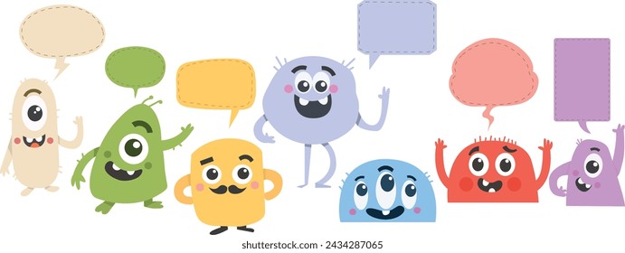 set of cute monsters, kind,happy,soft,positive monsters,vector isolated set with speech bubble.