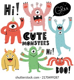 A set of cute monsters with lettering. Vector illustration