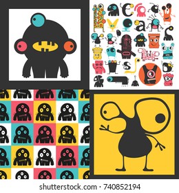 Set of cute monsters. Paper stickers with humanoids for different use. seamless pattern