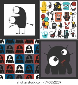 Set of cute monsters. Paper stickers with humanoids for different use. seamless pattern