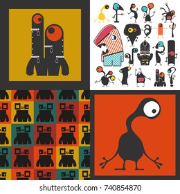 Set of cute monsters. Paper stickers with humanoids for different use. seamless pattern
